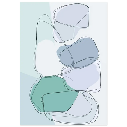 Impression d’art abstrait mettant en scène des formes organiques superposées en vert sauge doux, bleu-gris feutré et blanc, délimitées par de fines lignes noires.