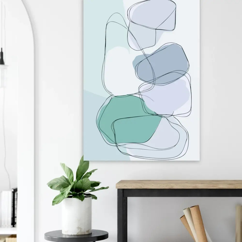 Art abstrait sur toile présentant des formes organiques superposées en tons de turquoise doux et de bleu atténué, soulignées de fines lignes noires.