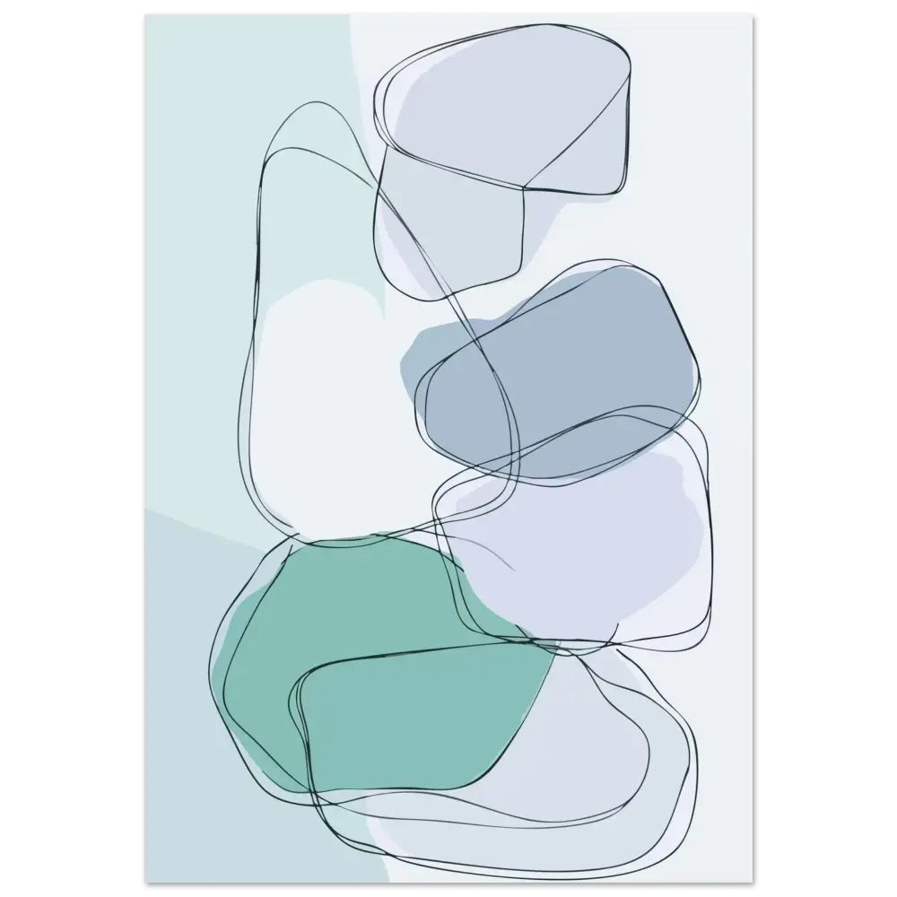 Impression d’art abstrait mettant en scène des formes organiques superposées en vert sauge doux, bleu-gris feutré et blanc, délimitées par de fines lignes noires.