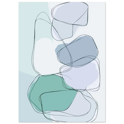 Impression d’art abstrait présentant des formes organiques superposées en teal doux, bleu-gris atténué et blanc, soulignées de fines lignes noires.