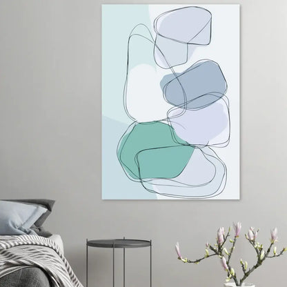 Art abstrait sur toile présentant des formes organiques superposées en teal doux, bleu-gris atténué et blanc, délimitées par de fines lignes noires.