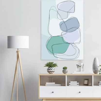 Art abstrait sur toile mettant en scène des formes organiques superposées en tons de bleu-vert doux et de bleu atténué, délimitées par de fines lignes noires.