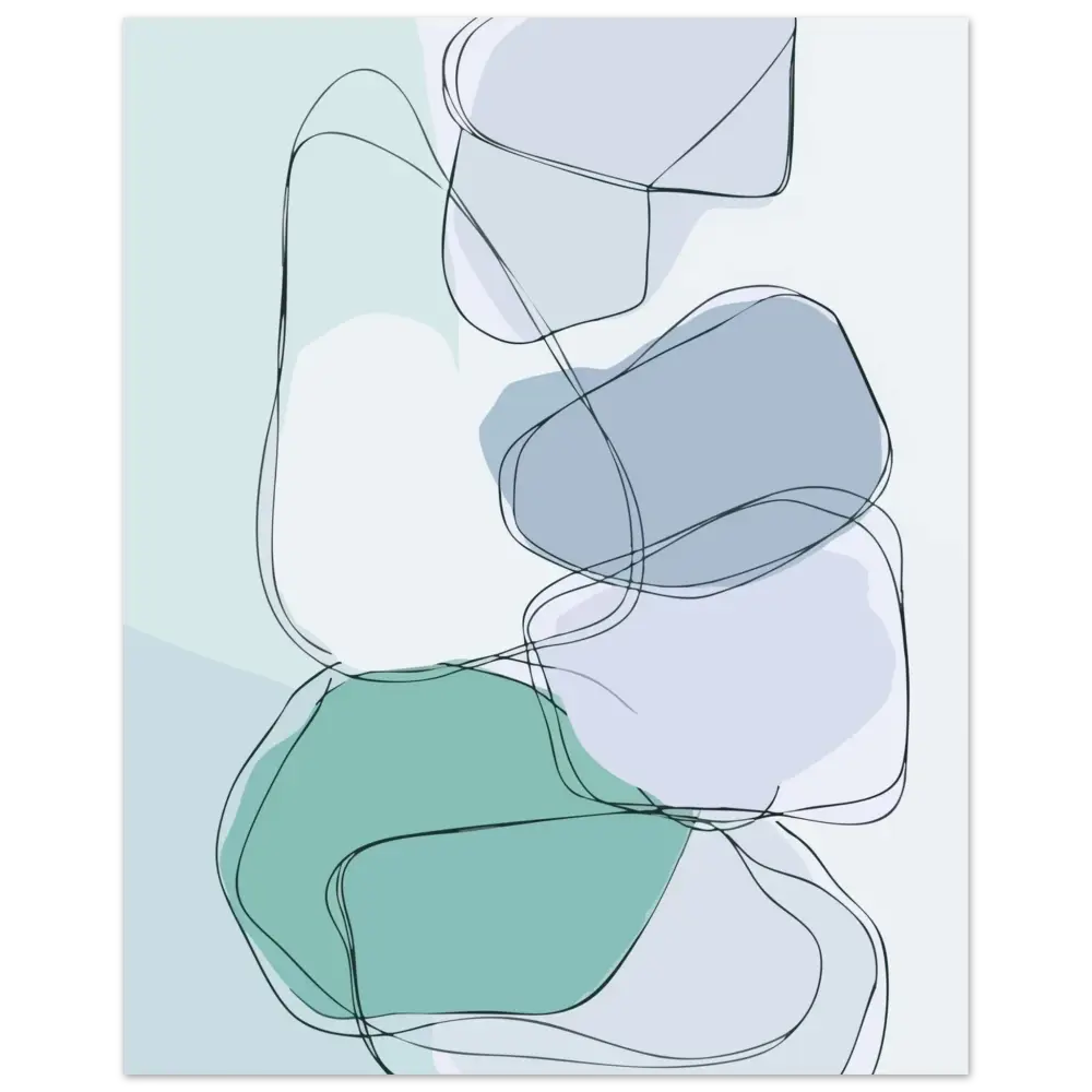 Impression d’art abstrait mettant en scène des formes organiques superposées en vert sauge doux, bleu-gris feutré et blanc, délimitées par de fines lignes noires.