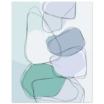 Impression d’art abstrait mettant en scène des formes organiques superposées en vert sauge doux, bleu-gris feutré et blanc, délimitées par de fines lignes noires.