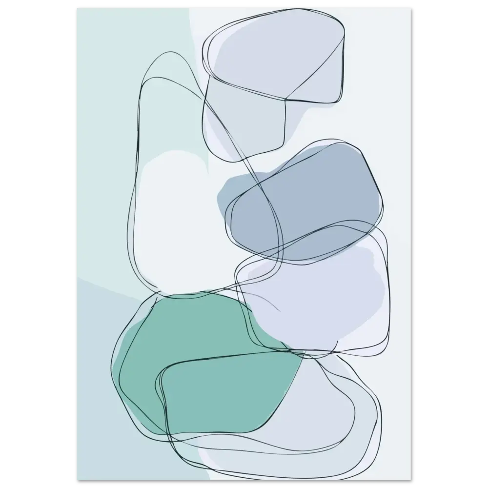 Estampe d’art abstrait mettant en scène des formes organiques superposées en bleu-vert doux, bleu-gris atténué et blanc, délimitées par de fines lignes noires.