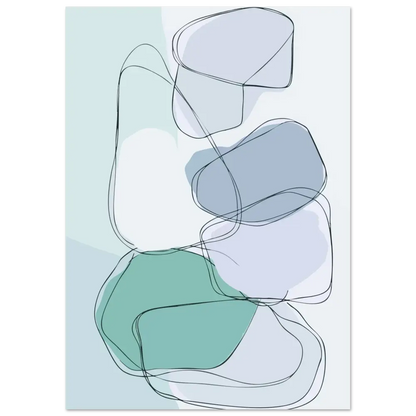 Estampe d’art abstrait mettant en scène des formes organiques superposées en bleu-vert doux, bleu-gris atténué et blanc, délimitées par de fines lignes noires.