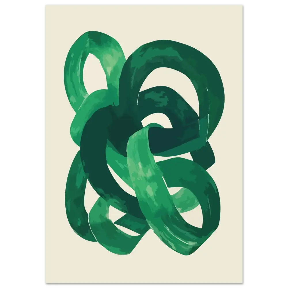 Peinture abstraite à l’aquarelle verte présentant des coups de pinceau entrelacés et fluides sur un fond de couleur crème.