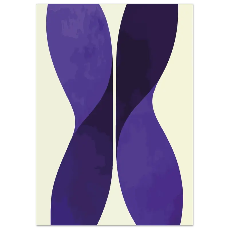 Impression d’art abstrait présentant deux formes violettes fluides et entrelacées sur un fond de couleur crème.
