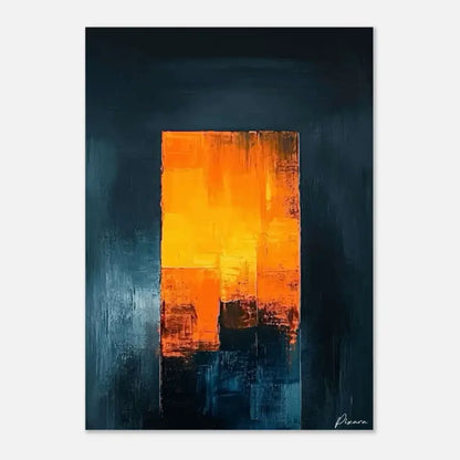 Une peinture abstraite rectangulaire présentant des coups de pinceau orange et jaune audacieux sur un fond bleu foncé.