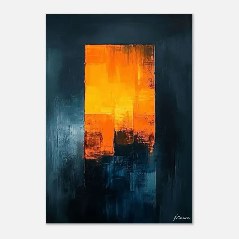 Peinture abstraite présentant des traits verticaux audacieux orange et jaune sur un fond bleu foncé.