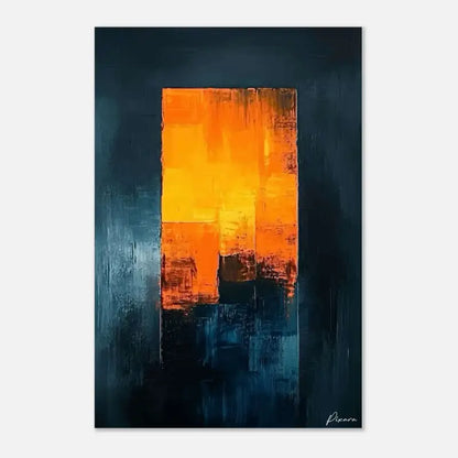 Peinture abstraite présentant des traits verticaux audacieux orange et jaune sur un fond bleu foncé.