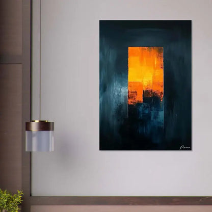 Peinture abstraite sur toile présentant un rectangle vertical vibrant orange et jaune sur fond bleu marine profond, avec des coups de pinceau texturés visibles.