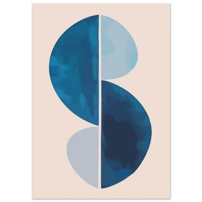 Impression abstraite présentant deux formes en S superposées en tons aquarelle bleu foncé et clair sur un fond beige doux.