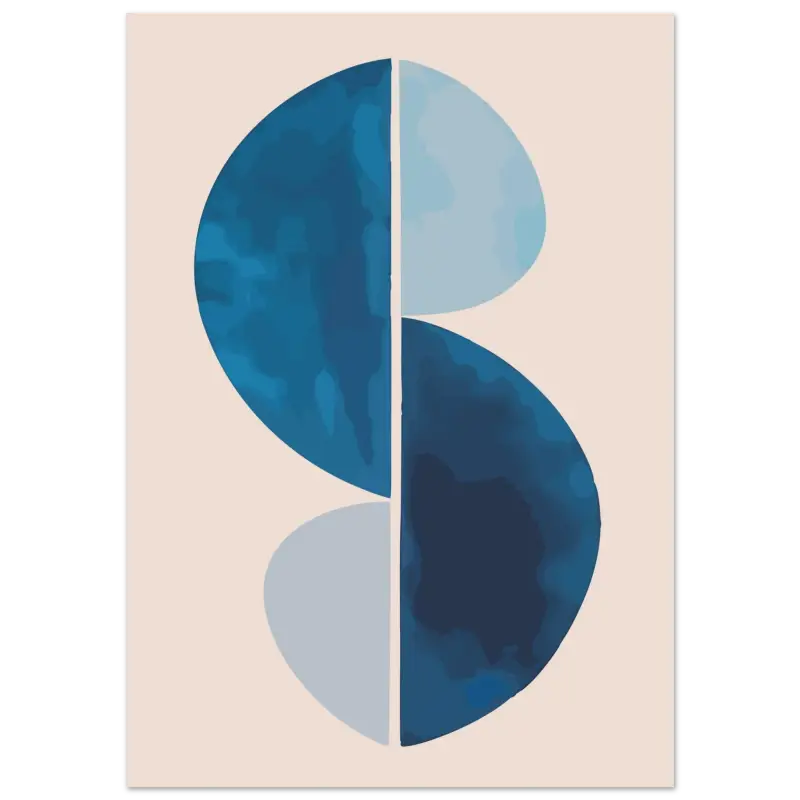 Impression abstraite présentant deux formes en S superposées en tons aquarelle bleu foncé et clair sur un fond beige doux.