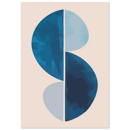 Impression d’art abstrait présentant une forme en S stylisée composée de deux ovales bleus entrelacés, l’un en bleu marine profond et l’autre en bleu ciel plus clair, sur un fond beige doux.
