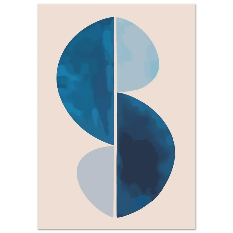 Impression d’art abstrait présentant une forme en S stylisée composée de deux ovales bleus entrelacés, l’un en bleu marine profond et l’autre en bleu ciel plus clair, sur un fond beige doux.