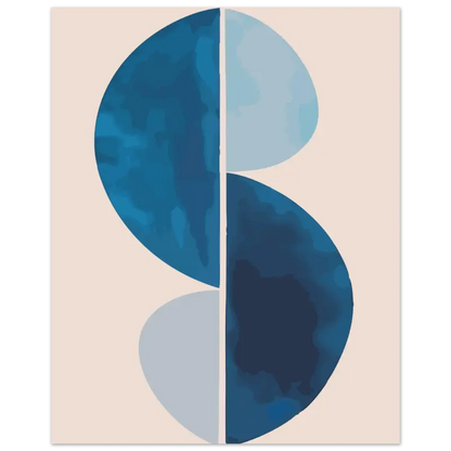 Impression d’art abstrait mettant en scène deux demi-cercles semi-transparents superposés, verticalement divisés, dans des nuances variées de bleu sur un fond beige doux.