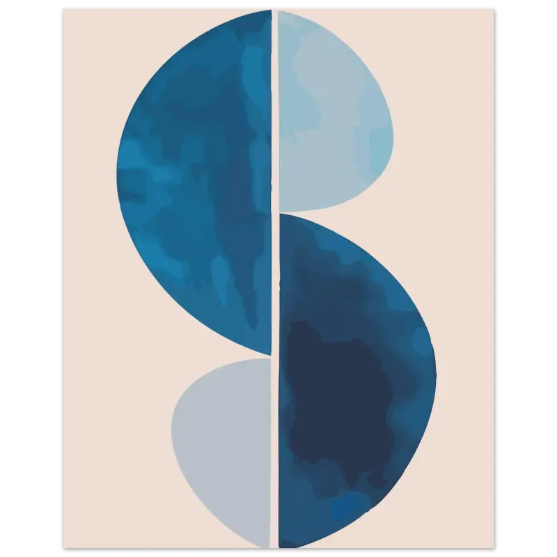 Impression d’art abstrait mettant en scène deux demi-cercles semi-transparents superposés, verticalement divisés, dans des nuances variées de bleu sur un fond beige doux.