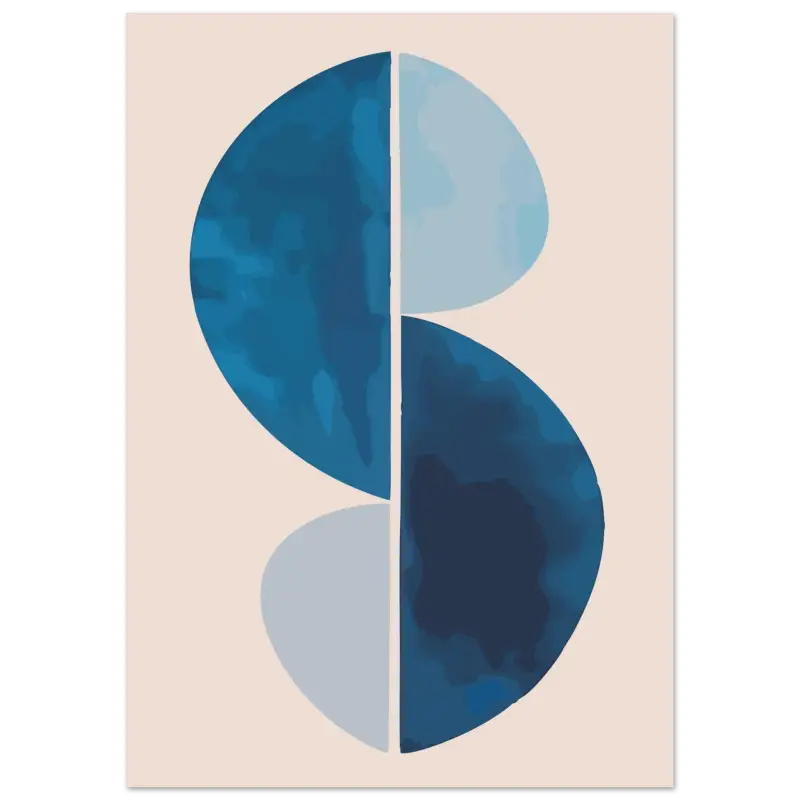 Estampe d’art abstrait mettant en scène une forme en S stylisée composée de deux ovales bleus superposés, l’un en bleu marine profond et l’autre en bleu clair doux, sur un fond beige pâle.