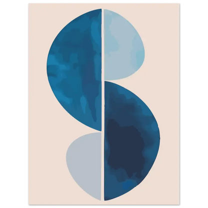 Impression abstraite mettant en scène deux demi-cercles semi-transparents, verticalement divisés et superposés, dans des nuances variées de bleu sur un fond beige doux.