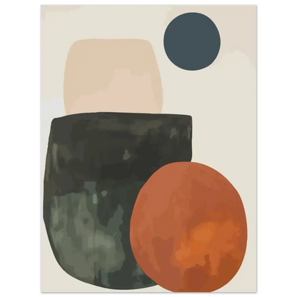 Impression d’art moderne abstrait mettant en vedette un rectangle texturé gris foncé, une forme circulaire orange avec un dégradé subtil, et une forme arrondie beige atténué sur un fond doux blanc cassé.