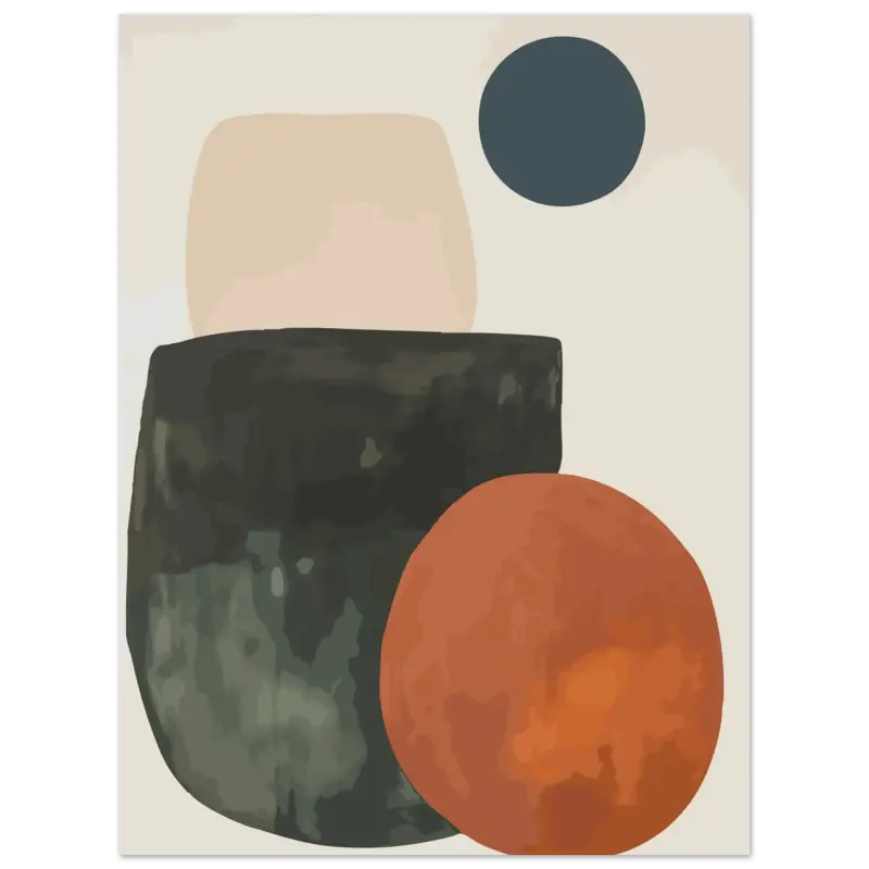 Impression d’art moderne abstrait mettant en vedette un rectangle texturé gris foncé, une forme circulaire orange avec un dégradé subtil, et une forme arrondie beige atténué sur un fond doux blanc cassé.