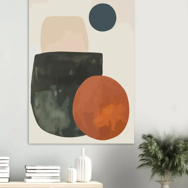 Art abstrait sur toile mettant en scène des formes géométriques audacieuses en tons terre feutrés et bleu marine profond sur un fond crème.