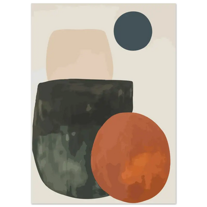 Impression d’art moderne abstrait mettant en scène un cylindre texturé gris foncé, une forme circulaire orange aux tons dégradés subtils, et un rectangle beige mat sur un fond blanc cassé doux.