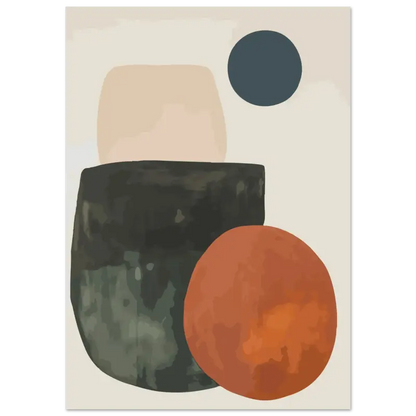 Impression d’art moderne abstrait mettant en vedette un rectangle texturé gris foncé, une forme circulaire orange avec des tons de dégradé subtils, et une forme arrondie beige muet sur un fond blanc cassé doux.