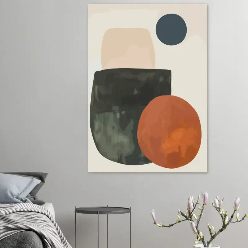 Art mural géométrique abstrait mettant en scène des formes superposées en beige feutré, vert charbon foncé et orange terracotta chaud sur une toile blanc cassé doux.