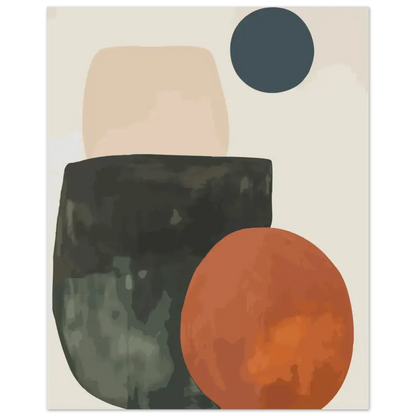 Impression d’art moderne abstrait mettant en scène des formes géométriques superposées en beige feutré, charbon de bois sombre aux nuances vertes et orange chaud sur un fond doux blanc cassé.