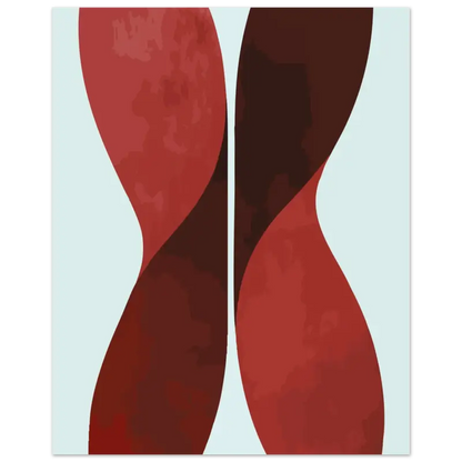Œuvre d’art abstrait présentant deux formes fluides et entrelacées en rouge profond et marron contre un fond bleu clair.
