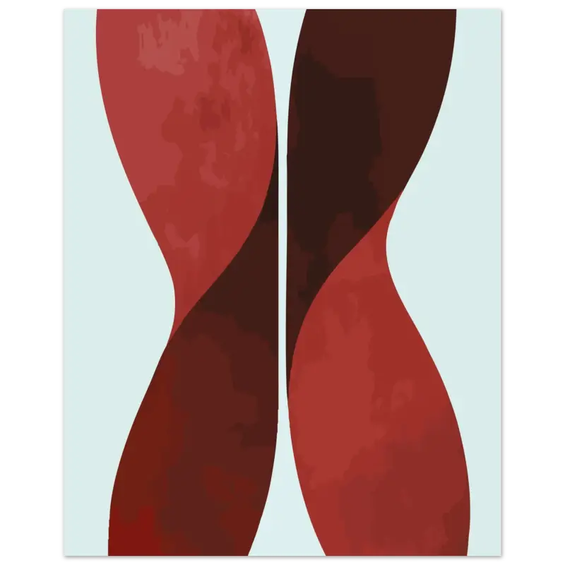 Œuvre d’art abstrait présentant deux formes fluides et entrelacées en rouge profond et marron contre un fond bleu clair.