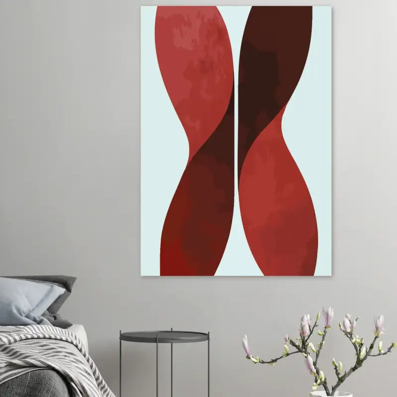 Une peinture sur toile abstraite moderne présentant deux formes courbes et fluides en rouge foncé et marron foncé sur un fond bleu clair.