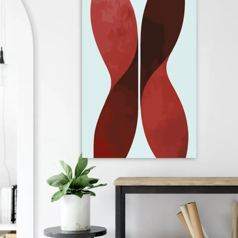 Art abstrait sur toile présentant deux formes rouges fluides et entrelacées sur un fond bleu clair.