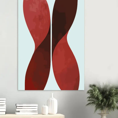 Art abstrait sur toile mettant en scène des formes audacieuses et fluides en rouge et marron foncé sur un fond doux bleu clair.