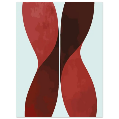 Impression d’art abstrait mettant en scène des courbes audacieuses et fluides rouge et brun foncé sur un fond bleu clair.