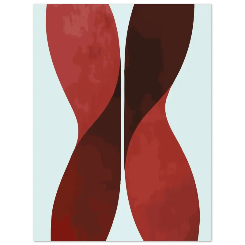 Impression d’art abstrait mettant en scène des courbes audacieuses et fluides rouge et brun foncé sur un fond bleu clair.