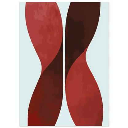 Impression d’art abstrait mettant en vedette des formes audacieuses et fluides rouges et brun foncé sur un fond bleu clair.