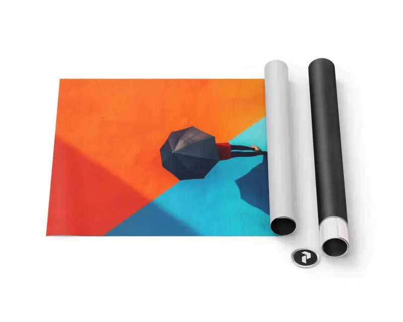 Une affiche vibrante, stylisée de manière géométrique, présentant une figure tenant un parapluie sur des arrière-plans angulaires audacieux en orange et bleu.