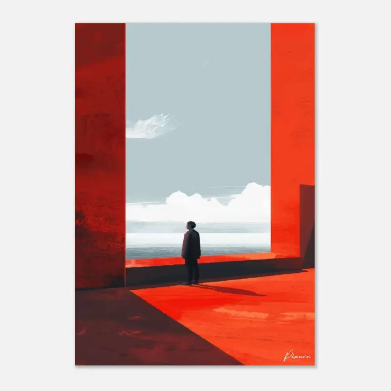 Une œuvre d’art numérique minimaliste mettant en scène une figure solitaire debout au centre d’un espace architectural ouvert encadré de rouge, avec des nuages doux et de l’eau lointaine visibles au-delà.