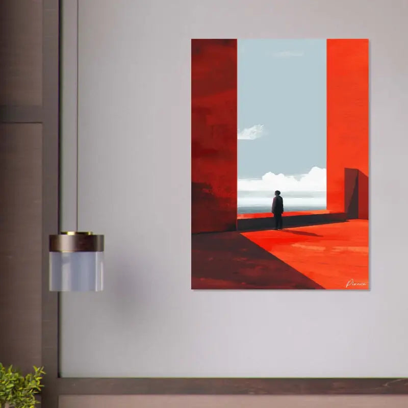 Une peinture abstraite vibrante aux tons rouge et orange mettant en scène une figure solitaire debout dans une porte ouverte, encadrée par des panneaux verticaux audacieux.