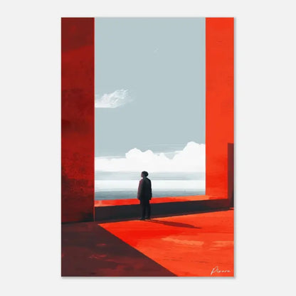 Une œuvre d’art numérique minimaliste mettant en scène une figure solitaire debout au centre d’une porte ouverte à encadrement rouge, regardant un ciel serein et un horizon lointain.