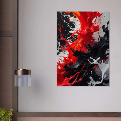 Peinture abstraite sur toile vibrante présentant des éclaboussures audacieuses de peinture rouge, noire et blanche.