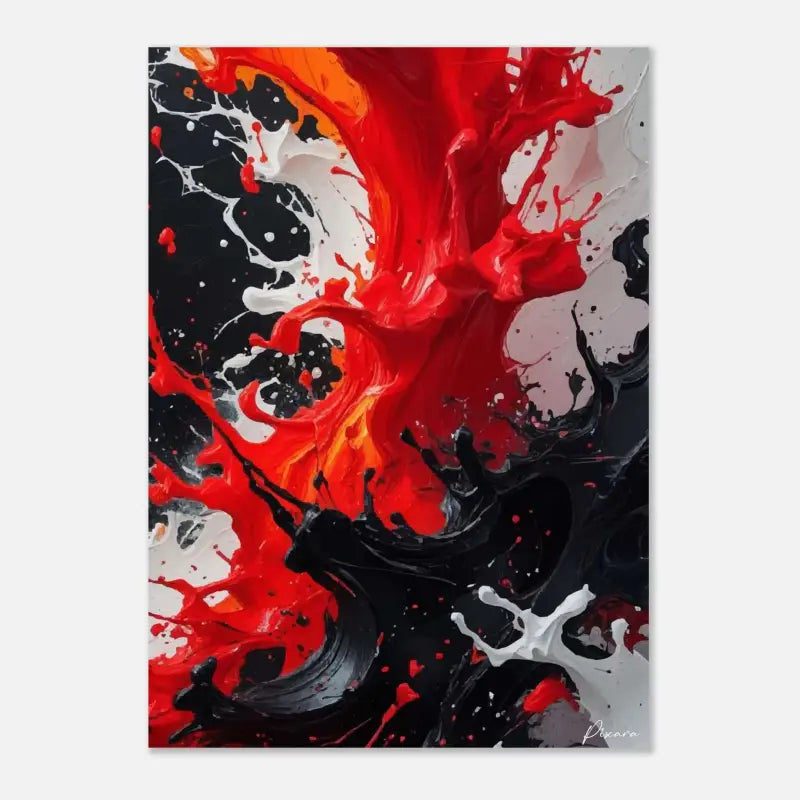 Peinture abstraite sur toile vibrante mettant en scène des éclaboussures audacieuses de peinture rouge, noire et blanche.