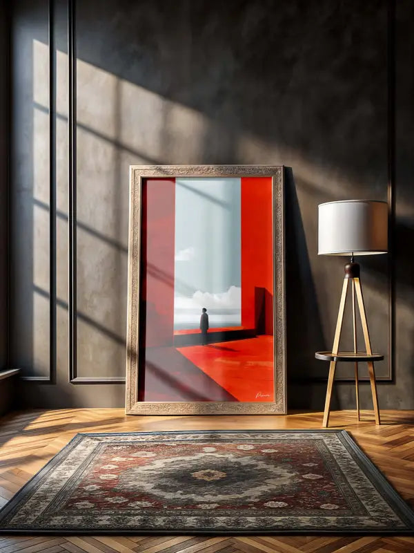 Une peinture abstraite encadrée avec des sections verticales audacieuses en rouge et gris, présentant une figure solitaire sur un fond d’océan.