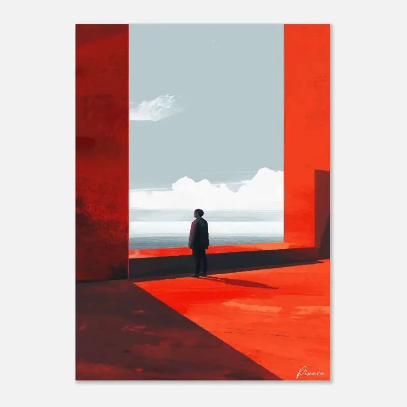 Une œuvre d’art numérique minimaliste mettant en scène une figure solitaire debout dans un espace architectural ouvert aux tons rouges, avec des lignes géométriques stark et de doux nuages visibles au-delà.