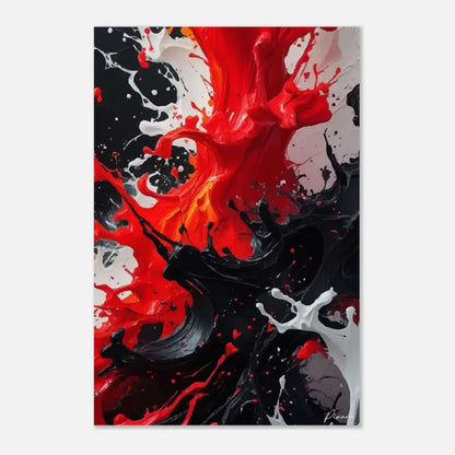Peinture abstraite sur toile vibrante présentant des éclaboussures audacieuses de peinture rouge, noire et blanche.