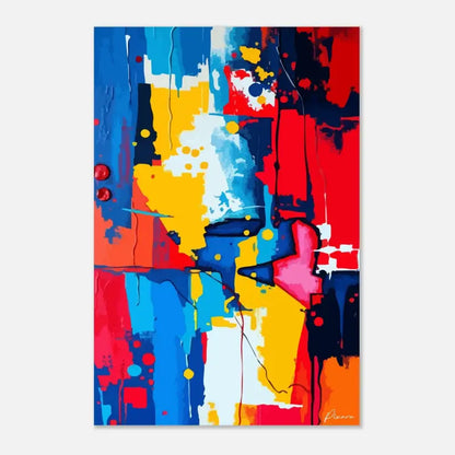 Peinture abstraite sur toile vibrante mettant en scène des éclaboussures audacieuses de bleu, rouge, jaune et noir avec des coulures et des points dynamiques.