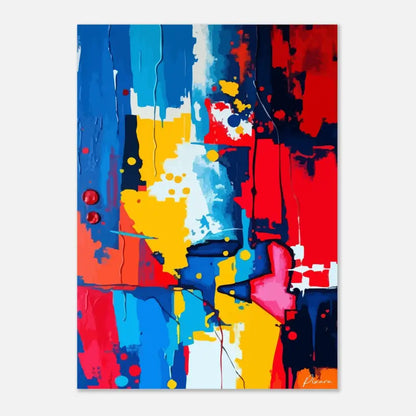 Peinture abstraite sur toile vibrante présentant des stries verticales audacieuses de bleu, rouge et jaune avec des éclaboussures de blanc et de rose.